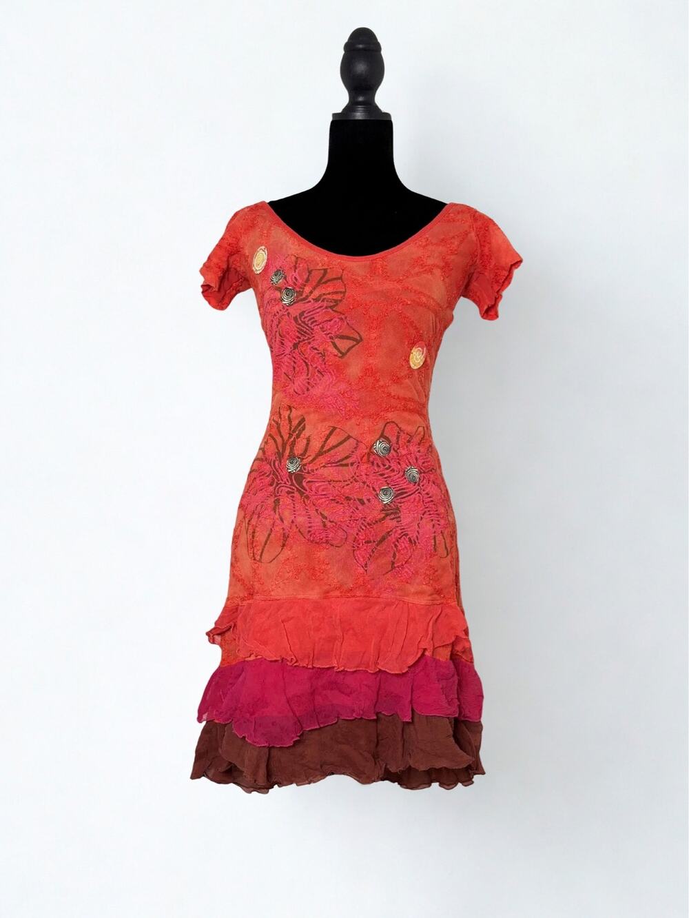 Vtg Y2K Save The Queen Mesh Coral Burgundy Ombre Tiered Ruffle Mini Dress Sz M